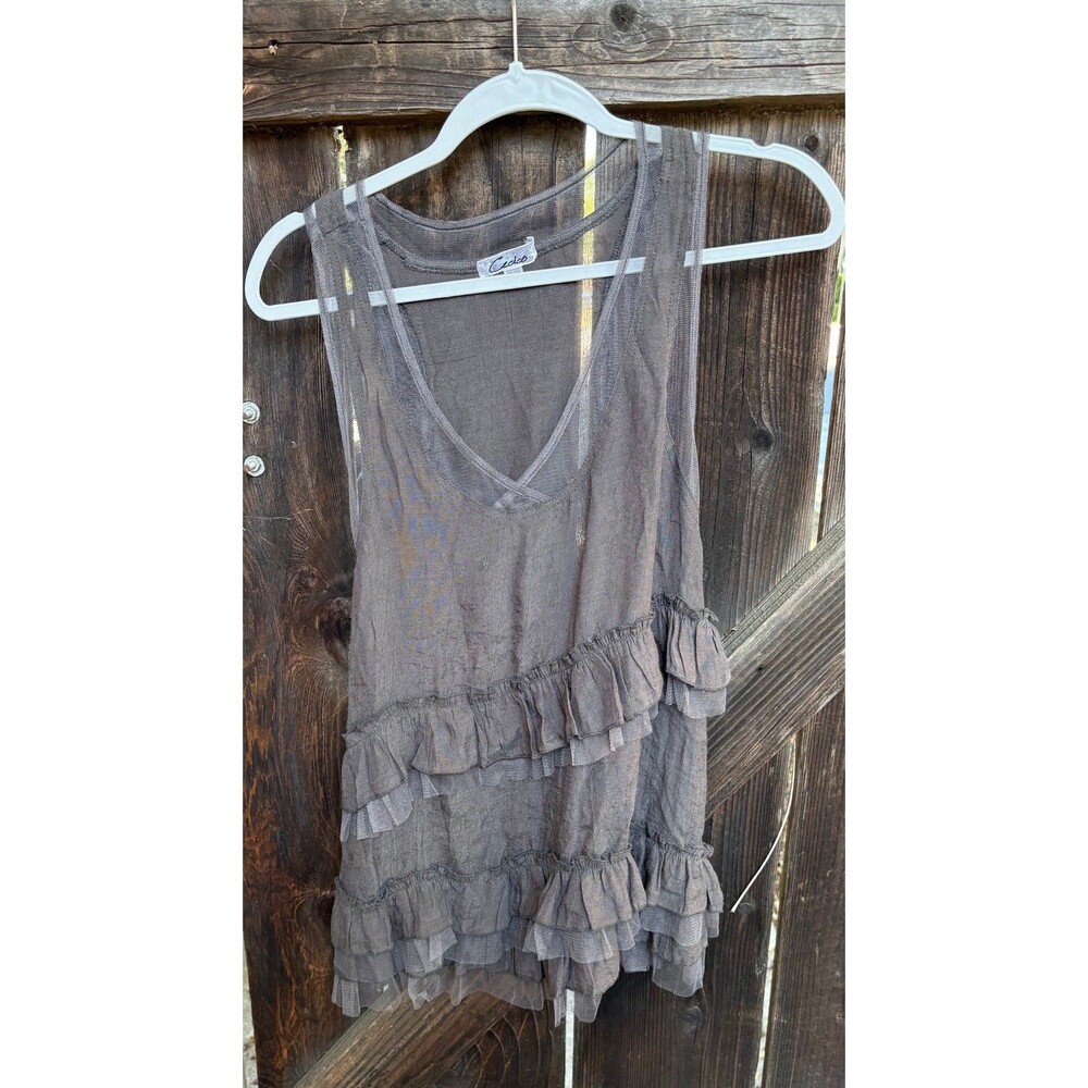 gray Cecico tiered ruffle mesh bohemian mini dress / top